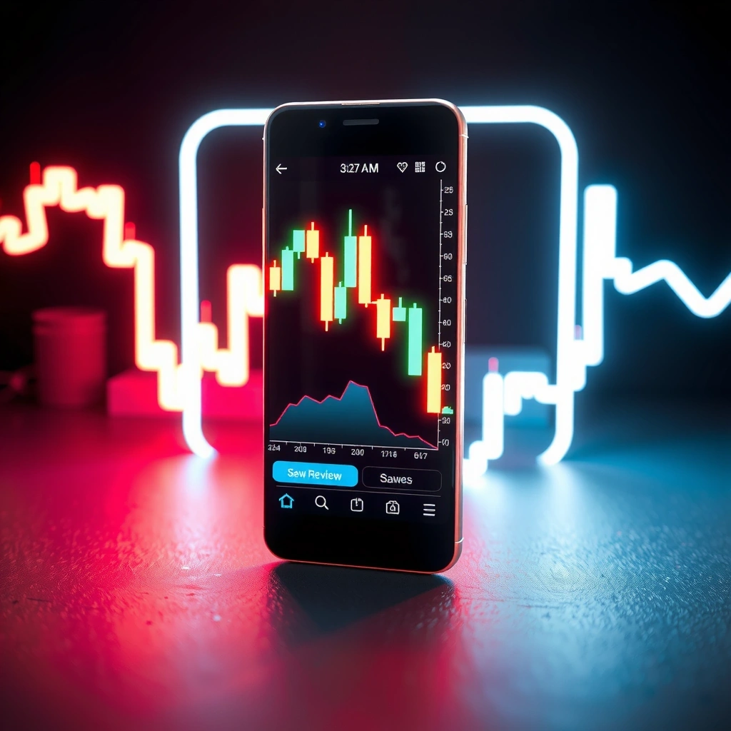 High-tech financial gaming interface with neon candlestick charts on mobile device